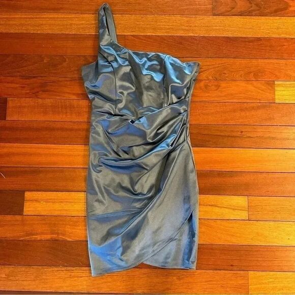 Cocktail dress! blue satin one strap mini cocktail dress size medium - Picture 2 of 7
